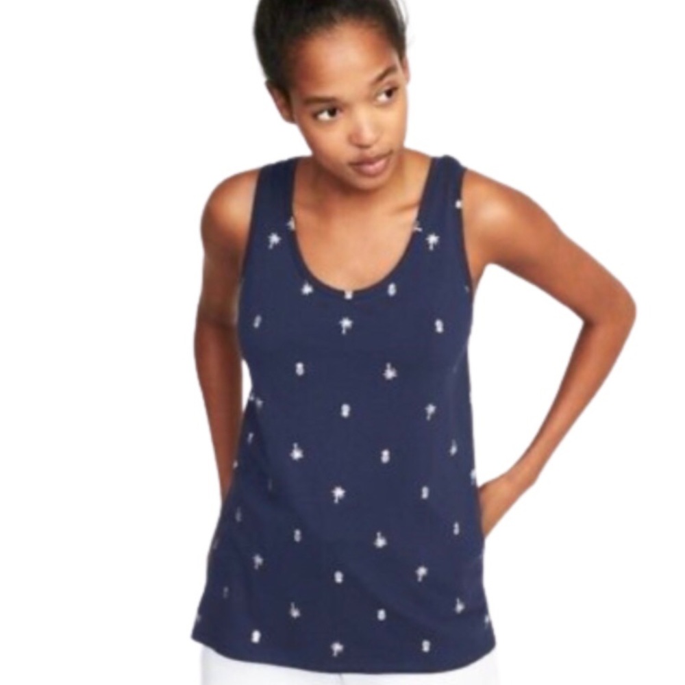 Old Navy Everywhere Blue Silver Palm Tree Pineapple Print Tank Top Large
